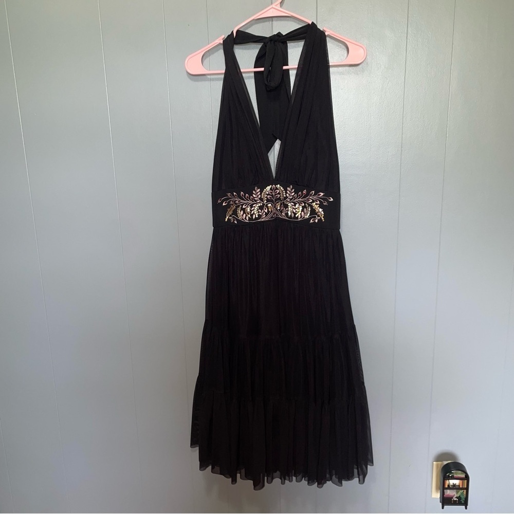 Maggy London Black Halter Neck Tiered Tulle Midi Dress Size 6